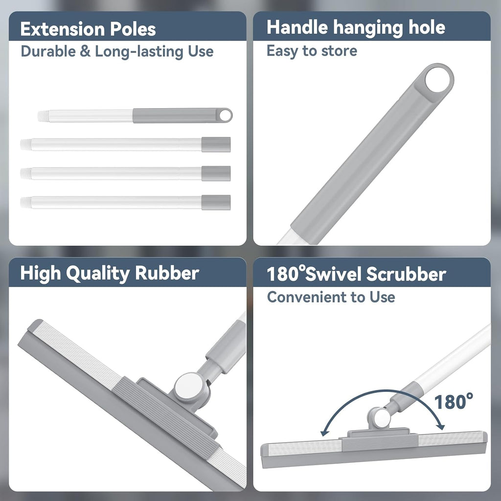 Floor Squeegee with 180° Rotating Head, Squeegee for Floor with 52'' Long Handle, Squeegee Broom, Squeegee for Window Cleaning, Bathroom Tile, Garage Concrete, Deck, Shower Glass (White)