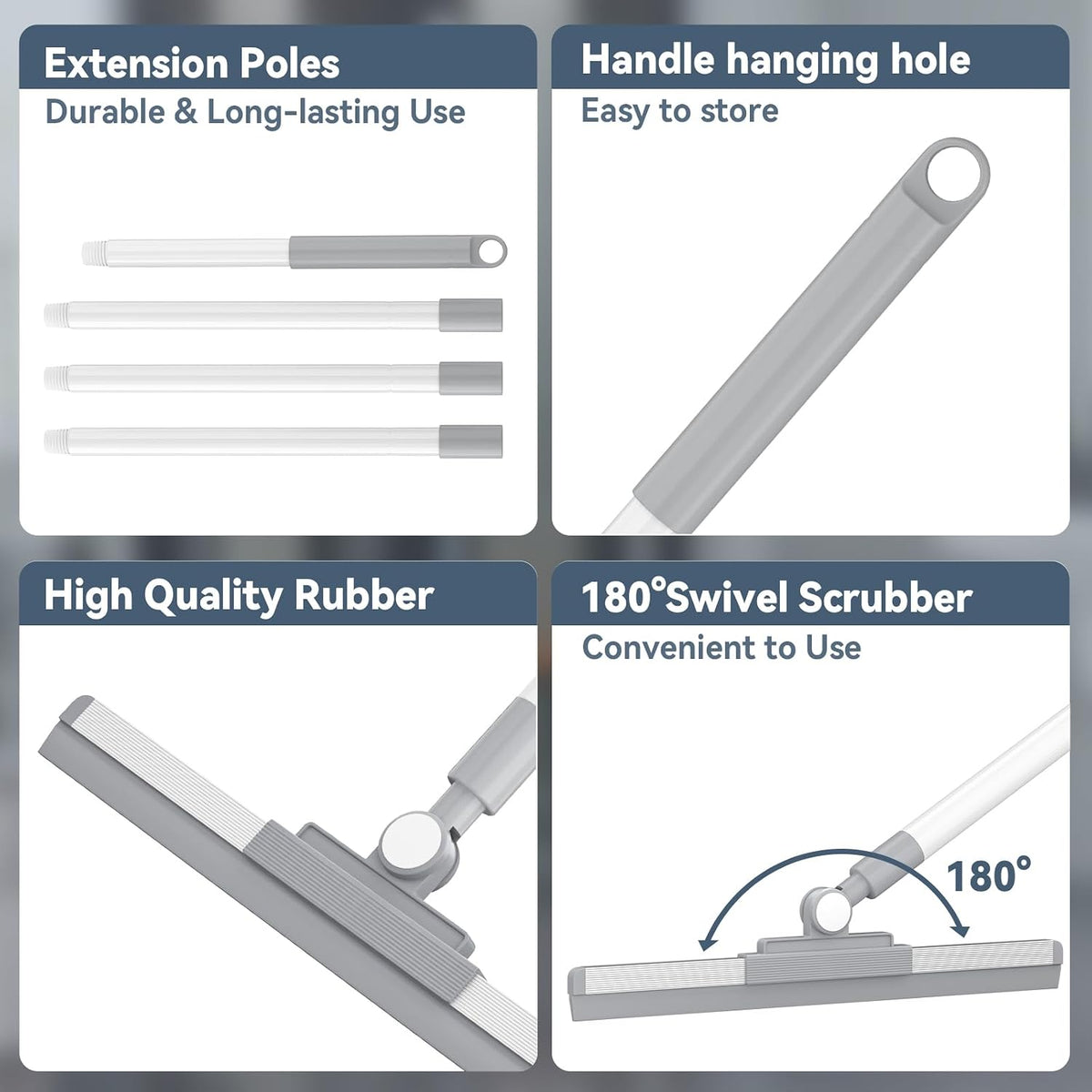 Floor Squeegee with 180° Rotating Head, Squeegee for Floor with 52'' Long Handle, Squeegee Broom, Squeegee for Window Cleaning, Bathroom Tile, Garage Concrete, Deck, Shower Glass (White)