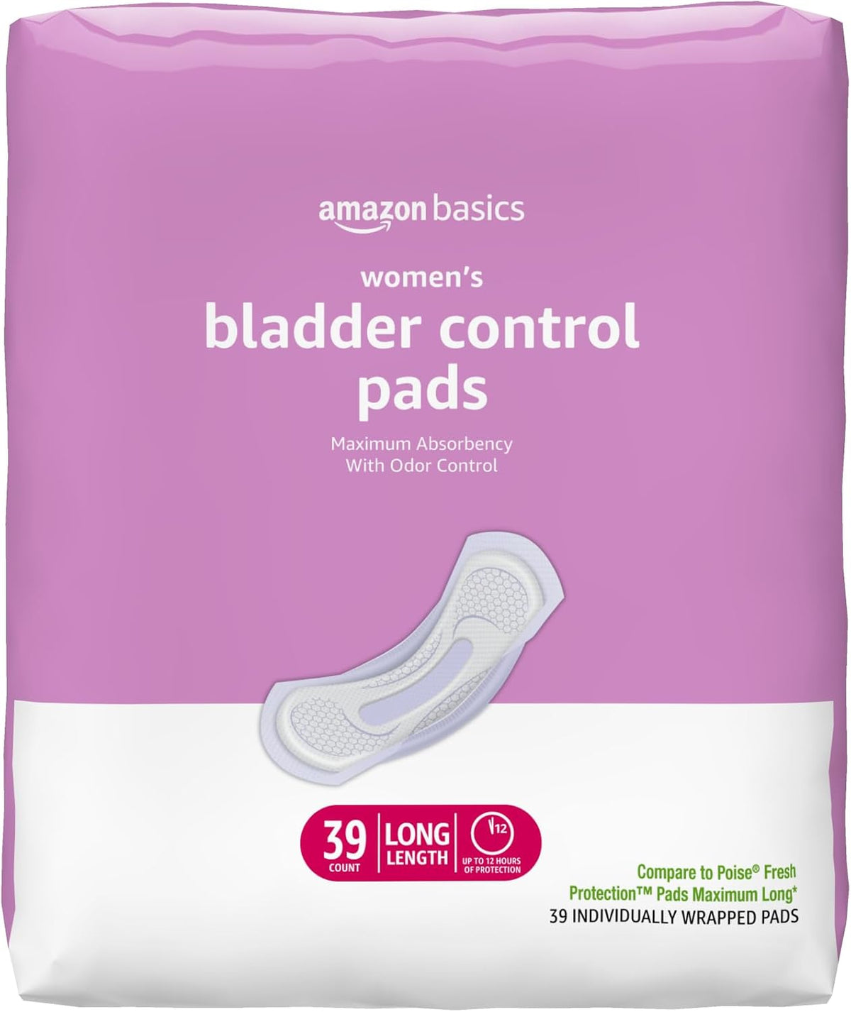 Amazon Basics Incontinence Pads for Women, Postpartum, Long, Maximum Absorbency, Bladder Control, Unscented, 39 Count, Packaging May Vary
