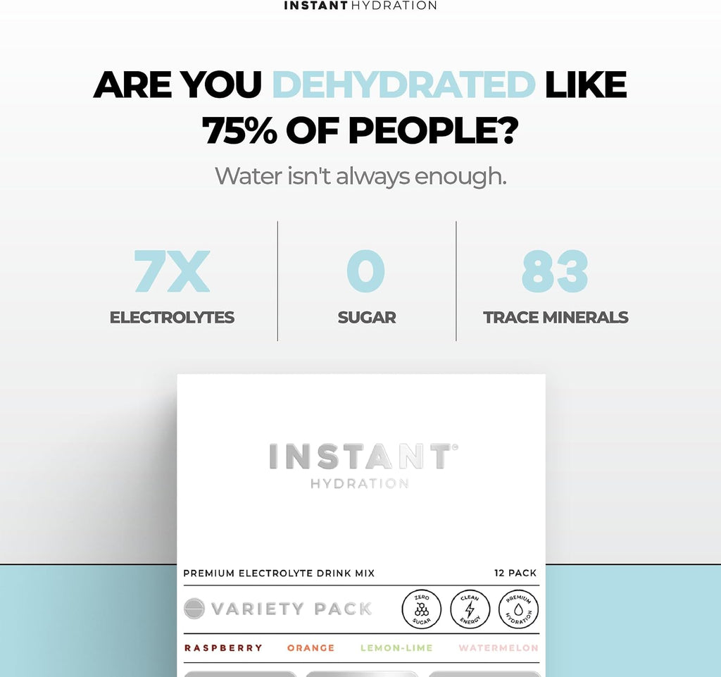 Instant Hydration Electrolytes Powder Packets - Variety Pack - Zero Sugar - Keto, Vegan, Gluten-Free, Non-GMO - Boost Recovery, Brain Function, Muscle & Tissue Health - 12 Sticks