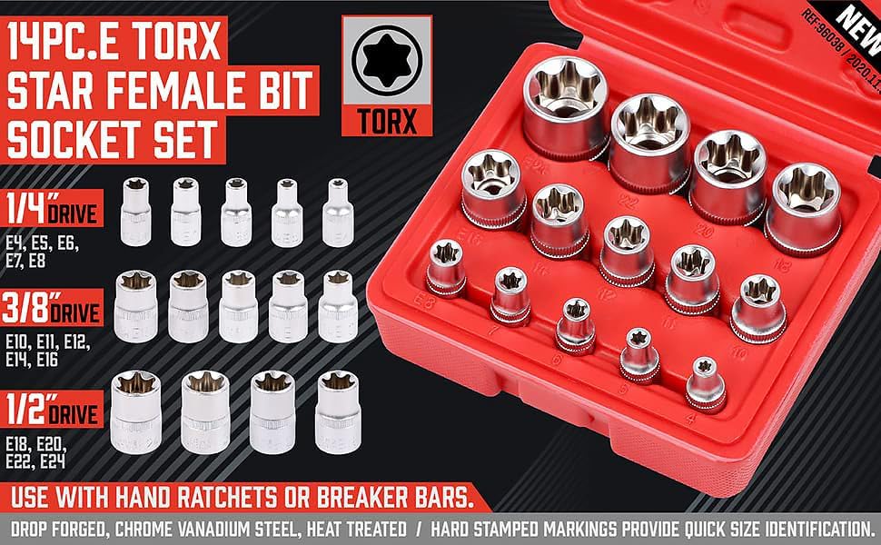 SEDY 14-Piece E-TORX Socket Set - Premium Female Torx Socket Set, Ultimate Torque Star Sockets, External Torx Sockets, E4 E5 E6 E7 E8 E10 E11 E12 E14 E16 E18 E20 E22 E24