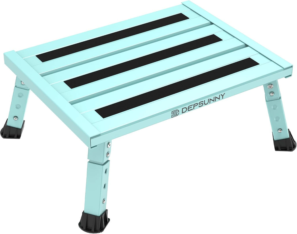 Adjustable RV Step Stool, Wide Platform, Foldable Legs, Black