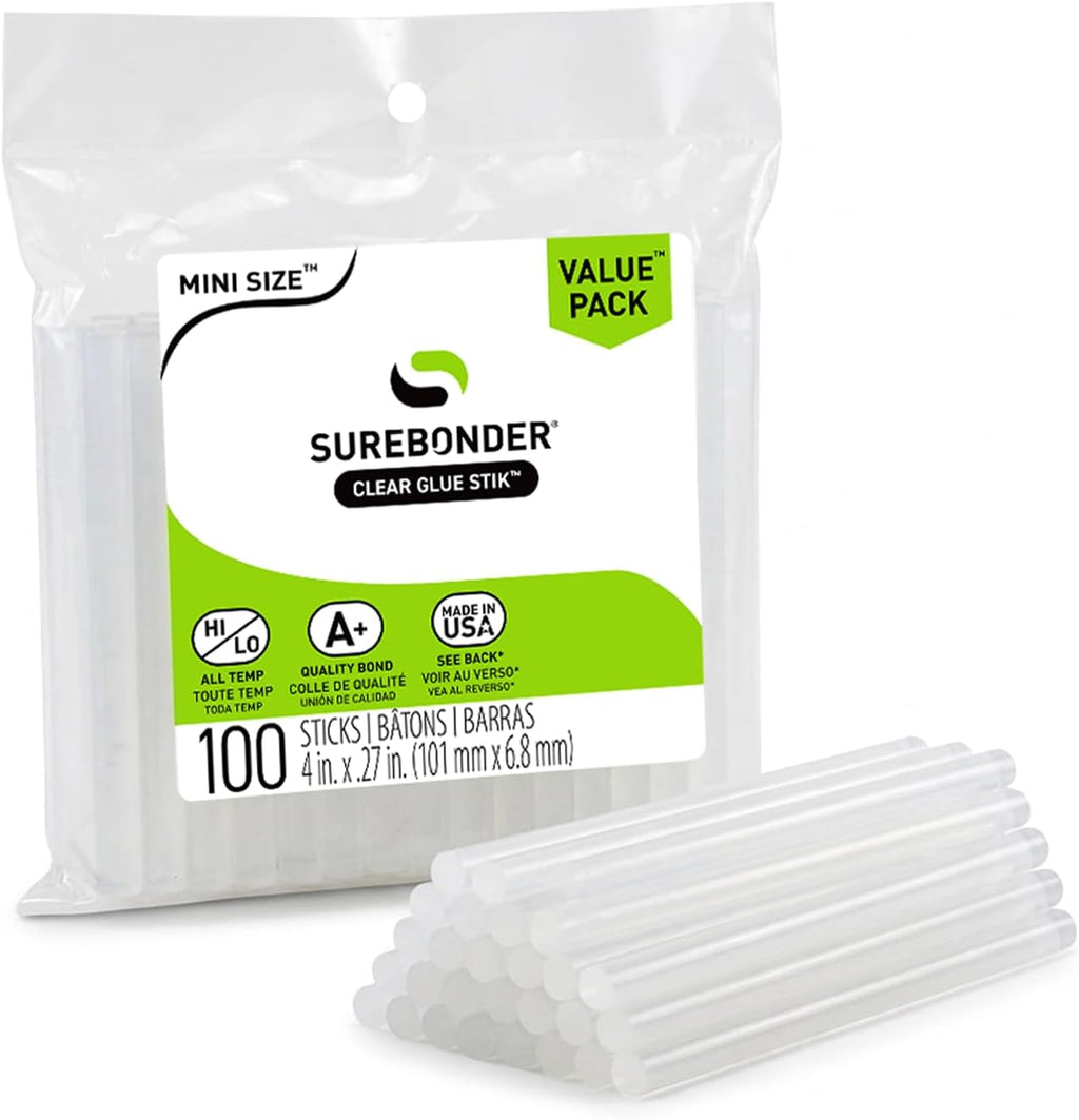 Surebonder Clear, All Purpose, All Temp., Mini Size Hot Glue Sticks 0.27 in. Diameter, 4 in. Length -100 Pack