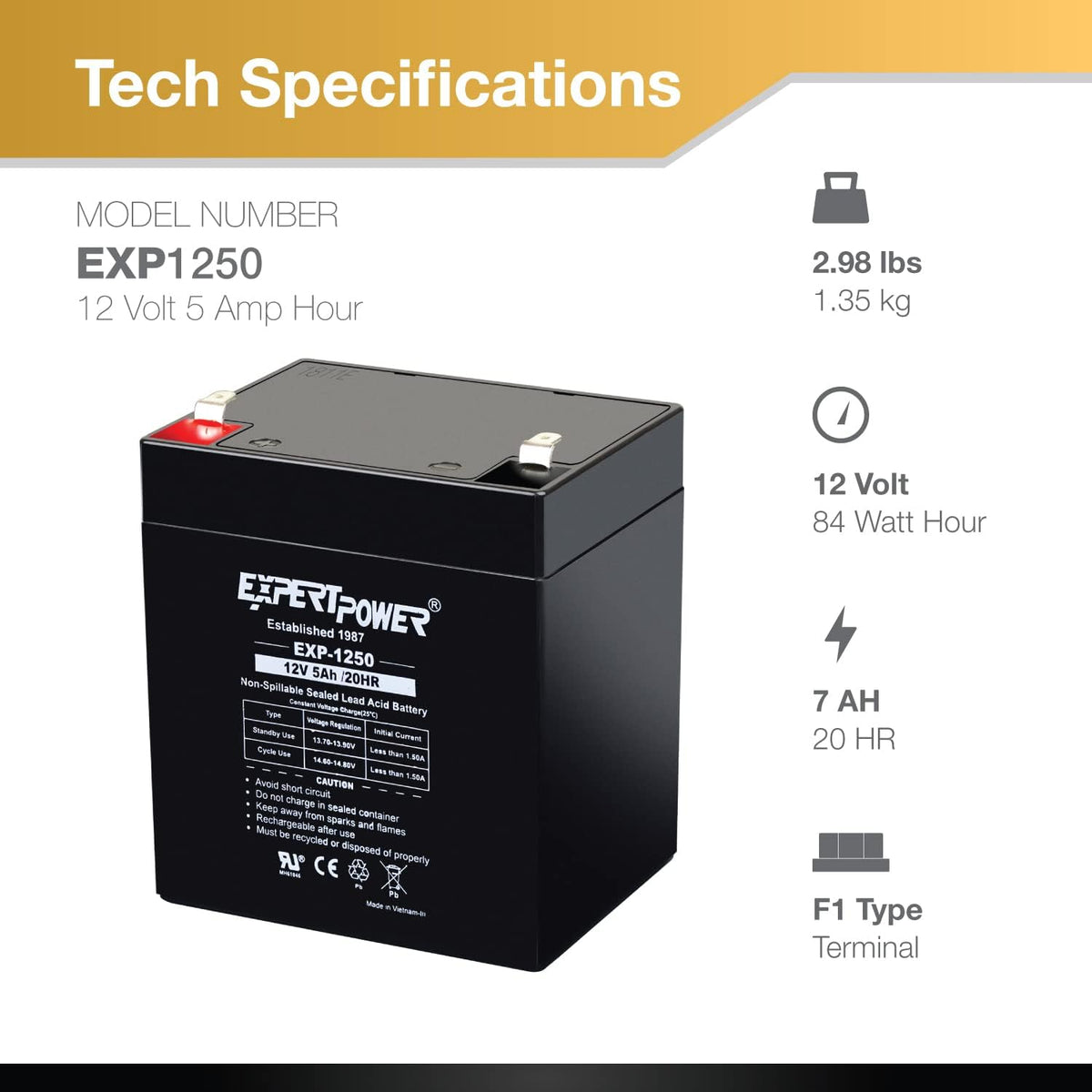 ExpertPower EXP1250, Rechargeable12V 5Ah UPS Battery with F1 Terminals