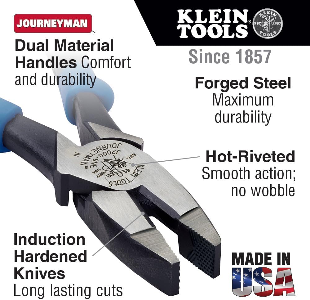 Klein Tools J213-9NE Side Cutter Linemans Pliers, Made in USA, High Leverage, 9-Inch, Streamlined Design, Color Coded