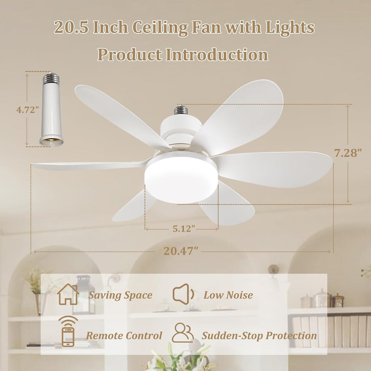 20.5"Socket Fan Light with Remote,E26 Base 40W/3000-6000K Dimming
