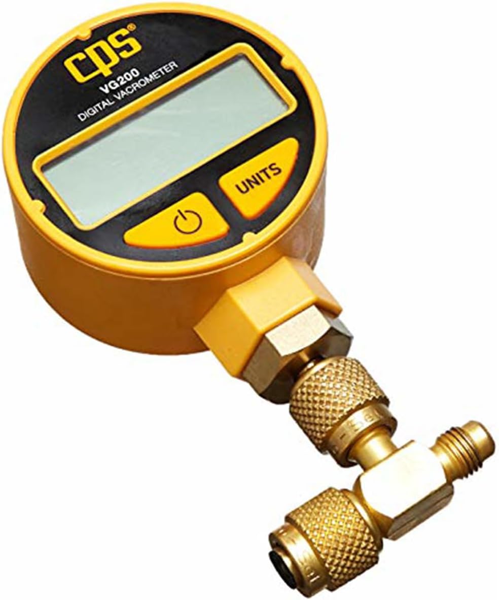 CPS VG200 Digital Vacrometer Vacuum Gauge, Measures Microns, Millibar, TORR, Inches/HG, Two Button Operation, Automatic Temperature Compensation, 5-digit LCD Display, Padded Case, T-Fitting and Hook