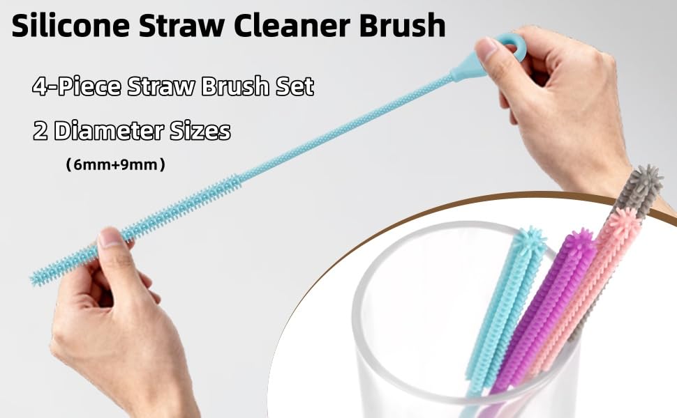 Silicone Straw Cleaner Brush, 4Pcs Reusable Straw Brush Pink