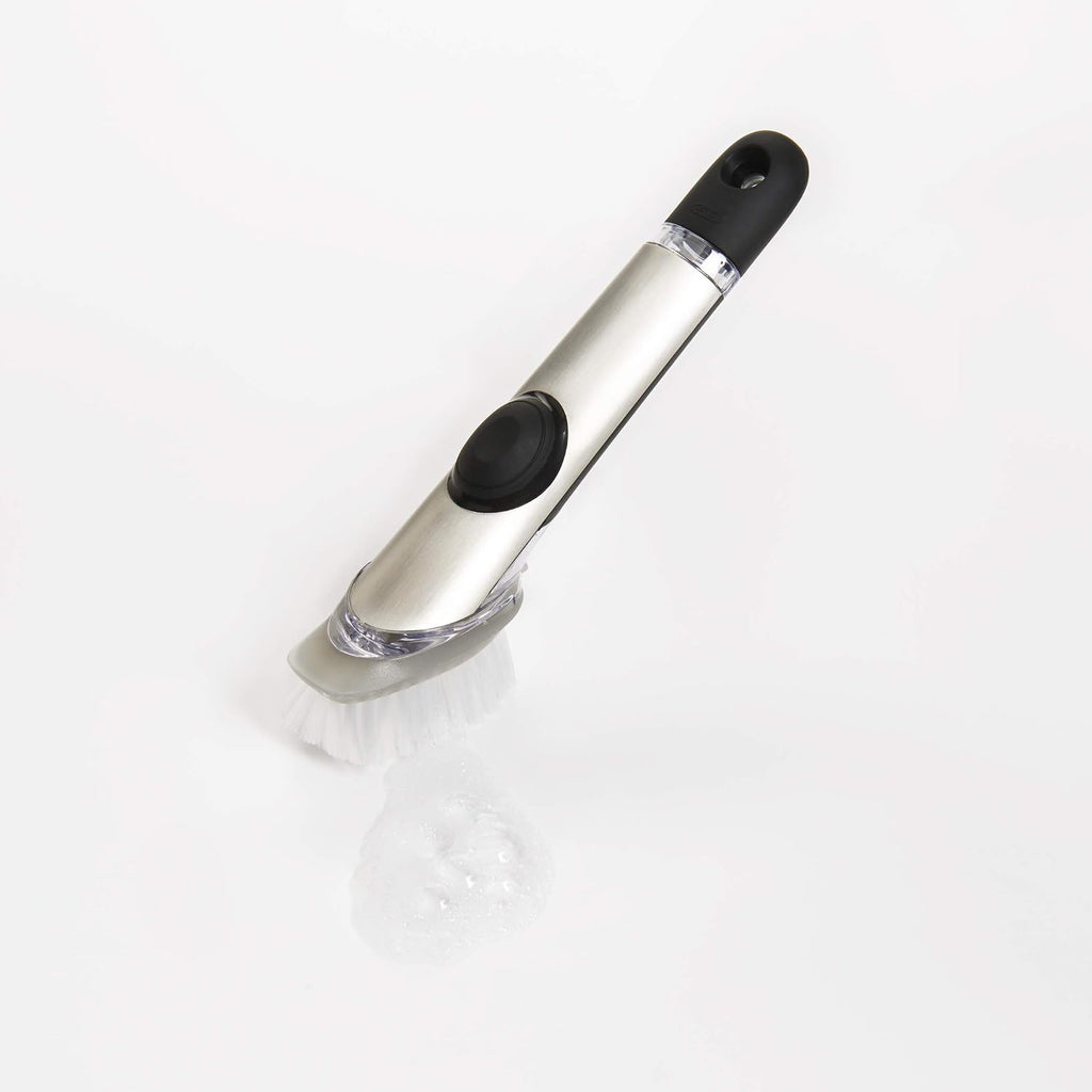 OXO Steel Soap Dispensing Dish Brush, Dish Brush with Handle for Pans, Sink