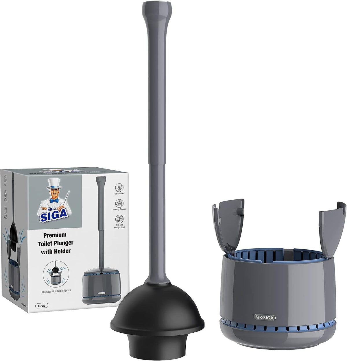 MR.SIGA Toilet Plunger with Holder, Plungers for Bathroom Heavy Duty, White