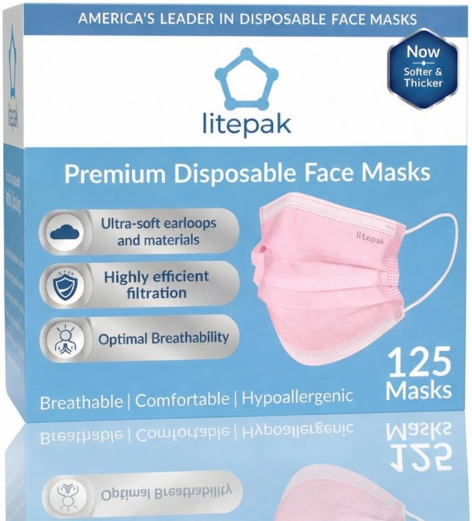 Litepak 125-Pack Disposable Face Mask Premium Comfort Earloops with Dispenser Box