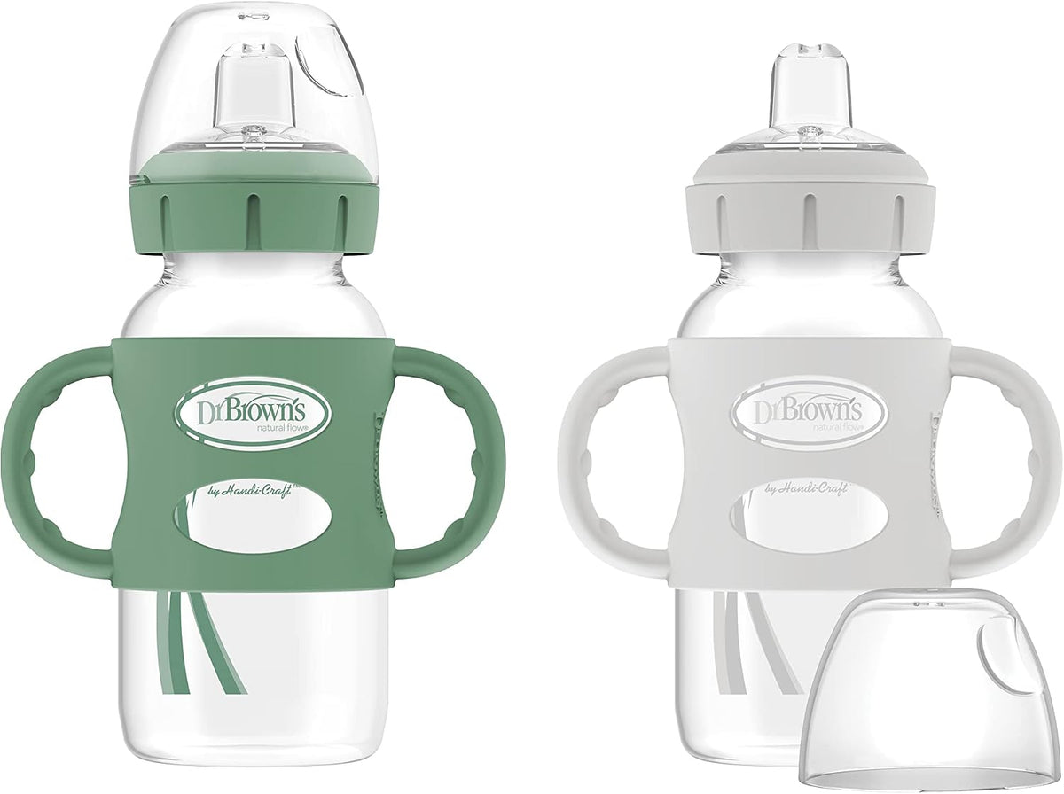 Dr. Brown's Wide-Neck Sippy Spout Bottle with Handles, Green & Gray, 2-Pack