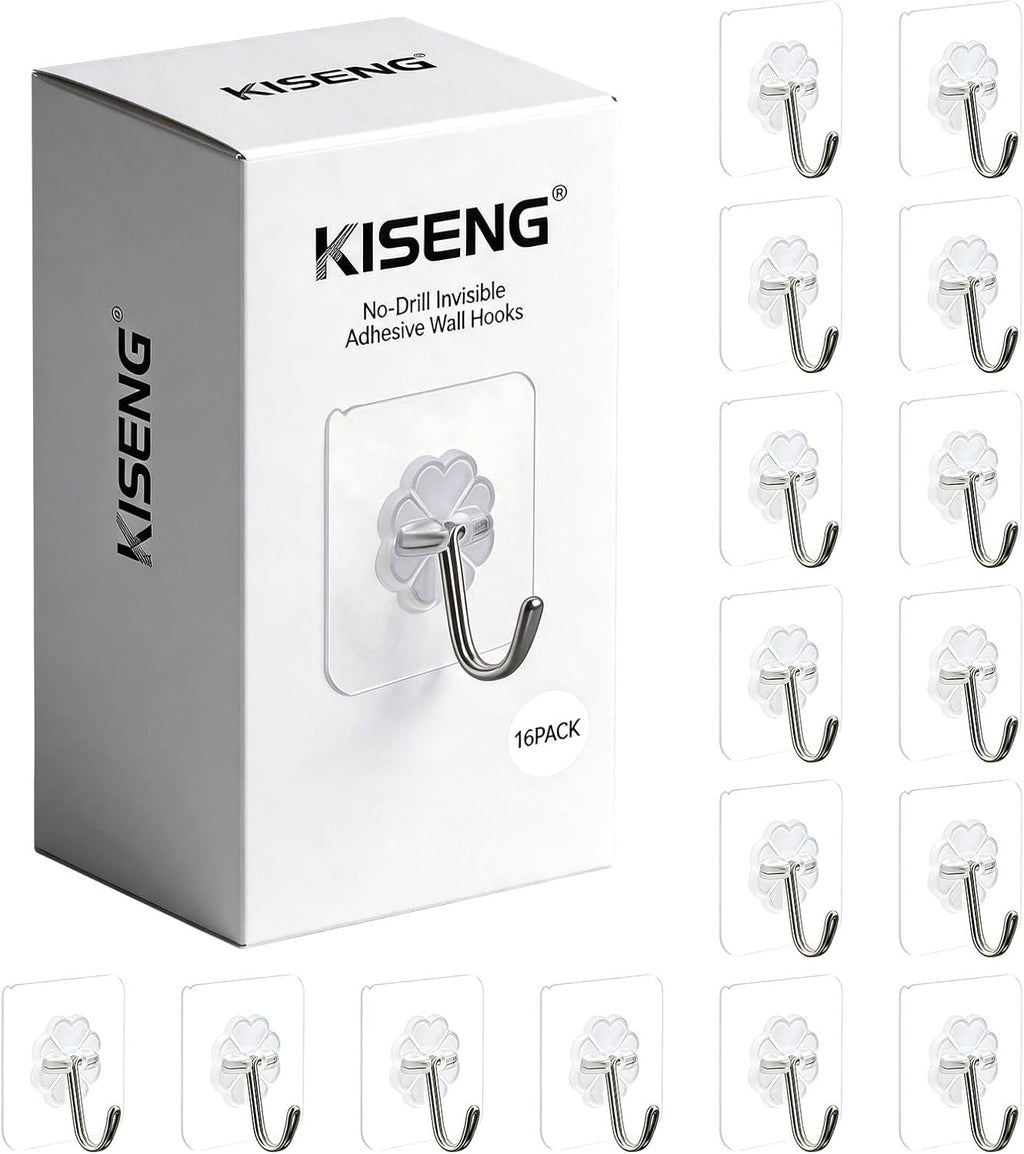 16 Pack Crystal Clear Adhesive Hooks for Hanging, Heavy Duty 22lb