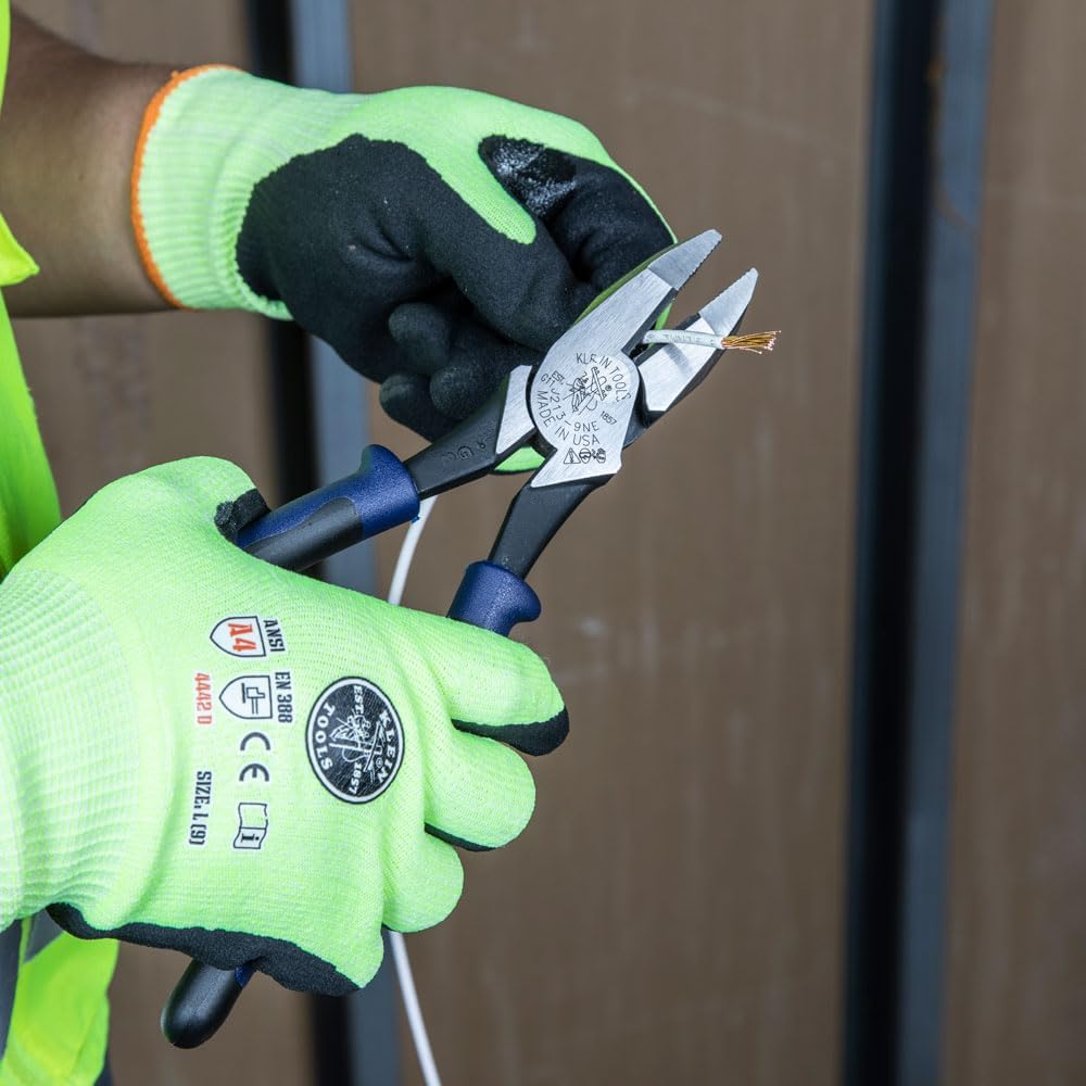 Klein Tools J213-9NE Side Cutter Linemans Pliers, Made in USA, High Leverage, 9-Inch, Streamlined Design, Color Coded