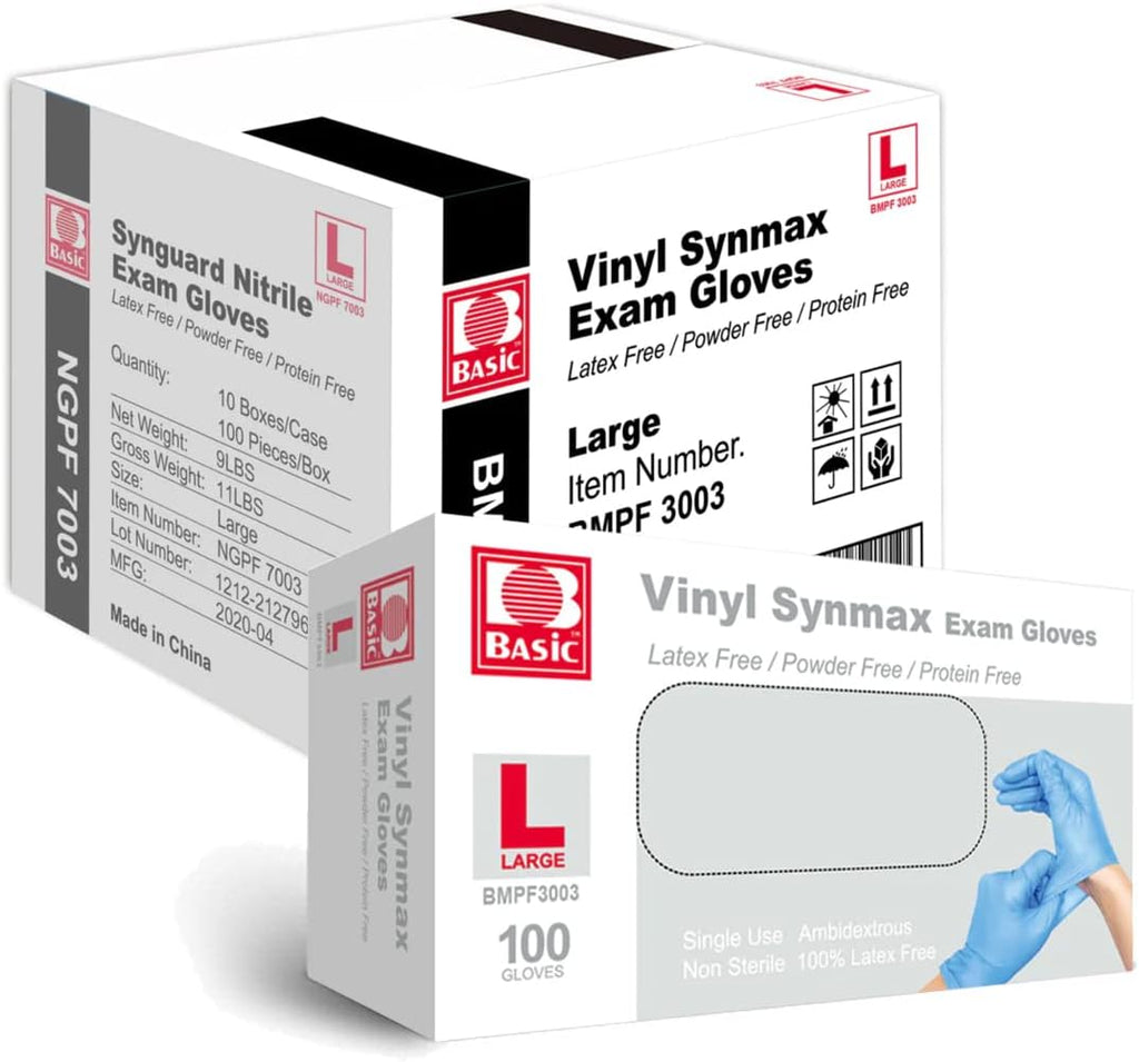 Basic Medical Synmax Vinyl Exam Gloves - Latex-Free & Powder-Free - Large, BMPF-3003(Case of 1,000) Blue