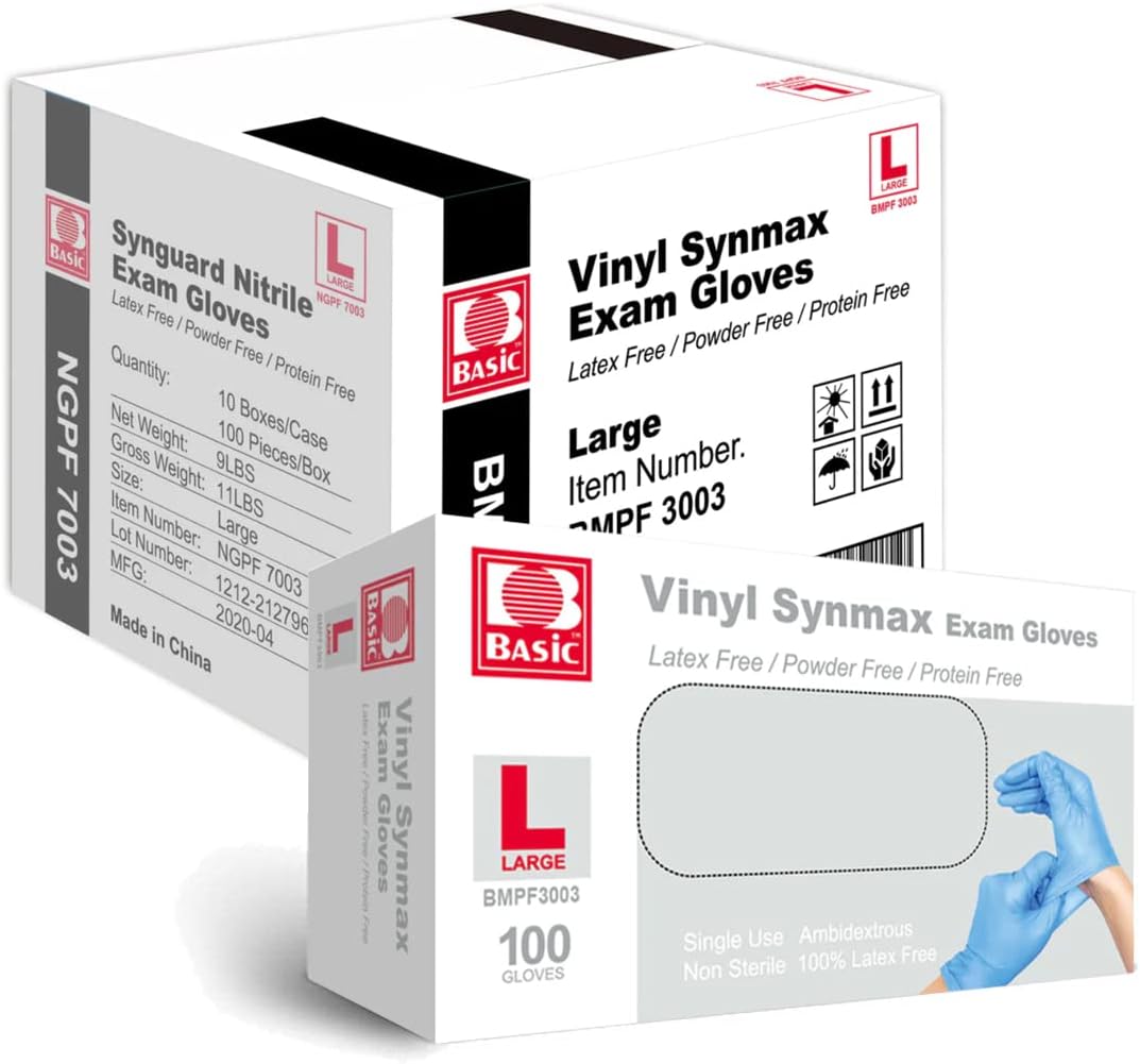 Basic Medical Synmax Vinyl Exam Gloves - Latex-Free & Powder-Free - Large, BMPF-3003(Case of 1,000) Blue
