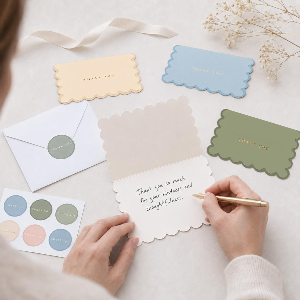 AUDREE Thank You Cards with Envelopes, Scalloped Gold Foil 50 Pack 3.5x5