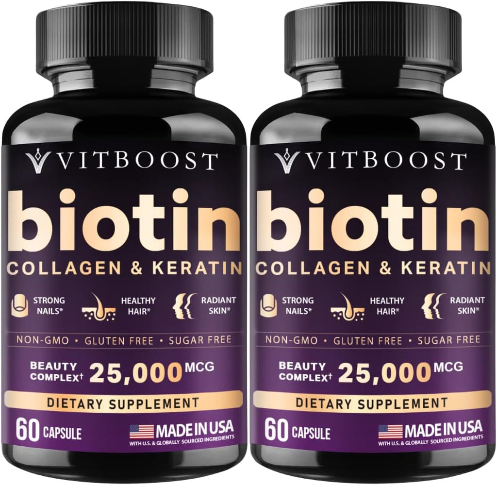 VITBOOST Biotin with Hyaluronic Acid, Collagen and Keratin - 60Ct, 25000mcg