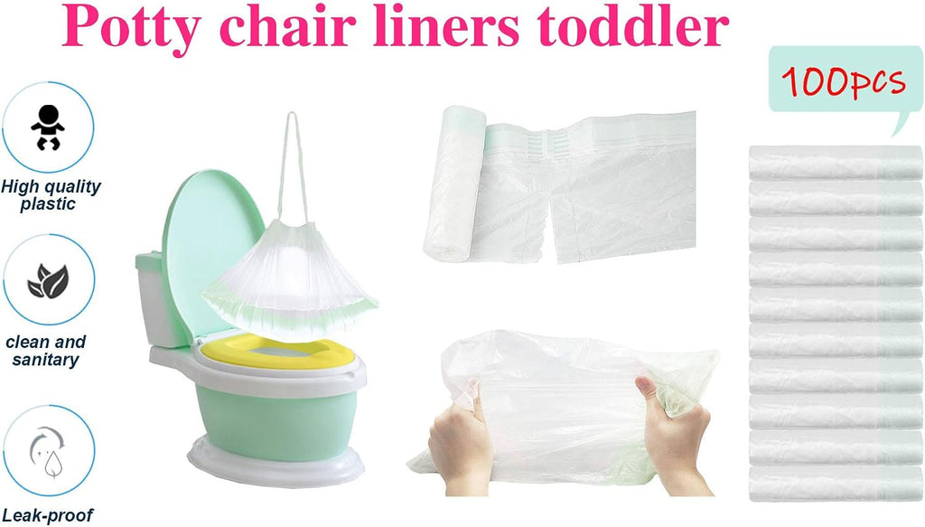 100 Pack Potty Chair Liners Disposable,Drawstring Training Toilet Seat Liner Bags Cleaning Bag for Kids Toddlers Outdoors Travel