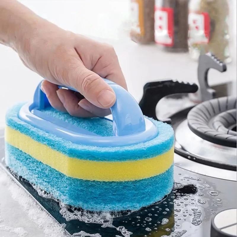 Thickened Cleaning Brush with Handle Household Cleaning Tool Kitchen Sponge Scrubber Bathtub for Toilet Tile Shower Wall Sink Floor Scrubbing (Blue)