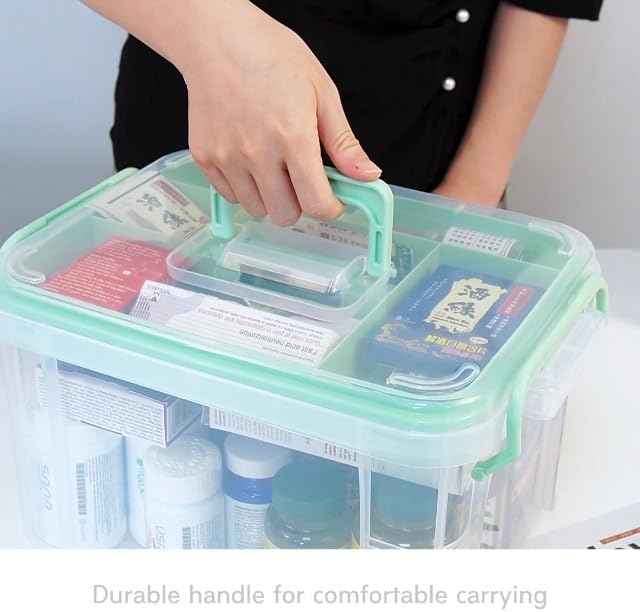 HEY FOLY 15qt Clear Medicine Organizer Storage Box with Tray, Plastic First Aid Box Empty, Thickened Medicine Container Chest, Multipurpose Medical Case with Labels, Medicine Caddy with Lids Handles