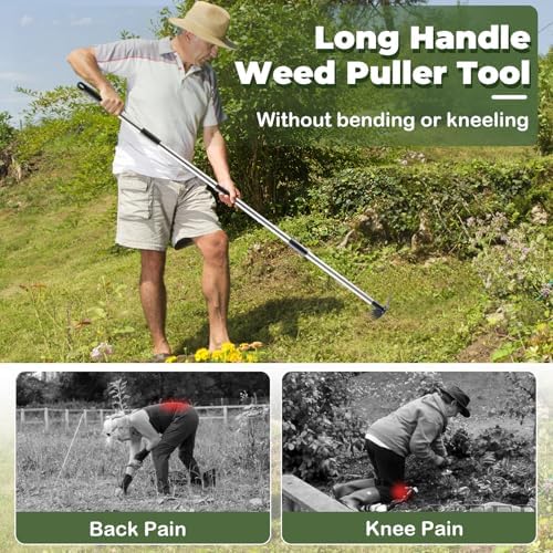 NICOFPHY Weed Puller Tool with Long Handle, Heavy Duty Garden Hoe and Rake
