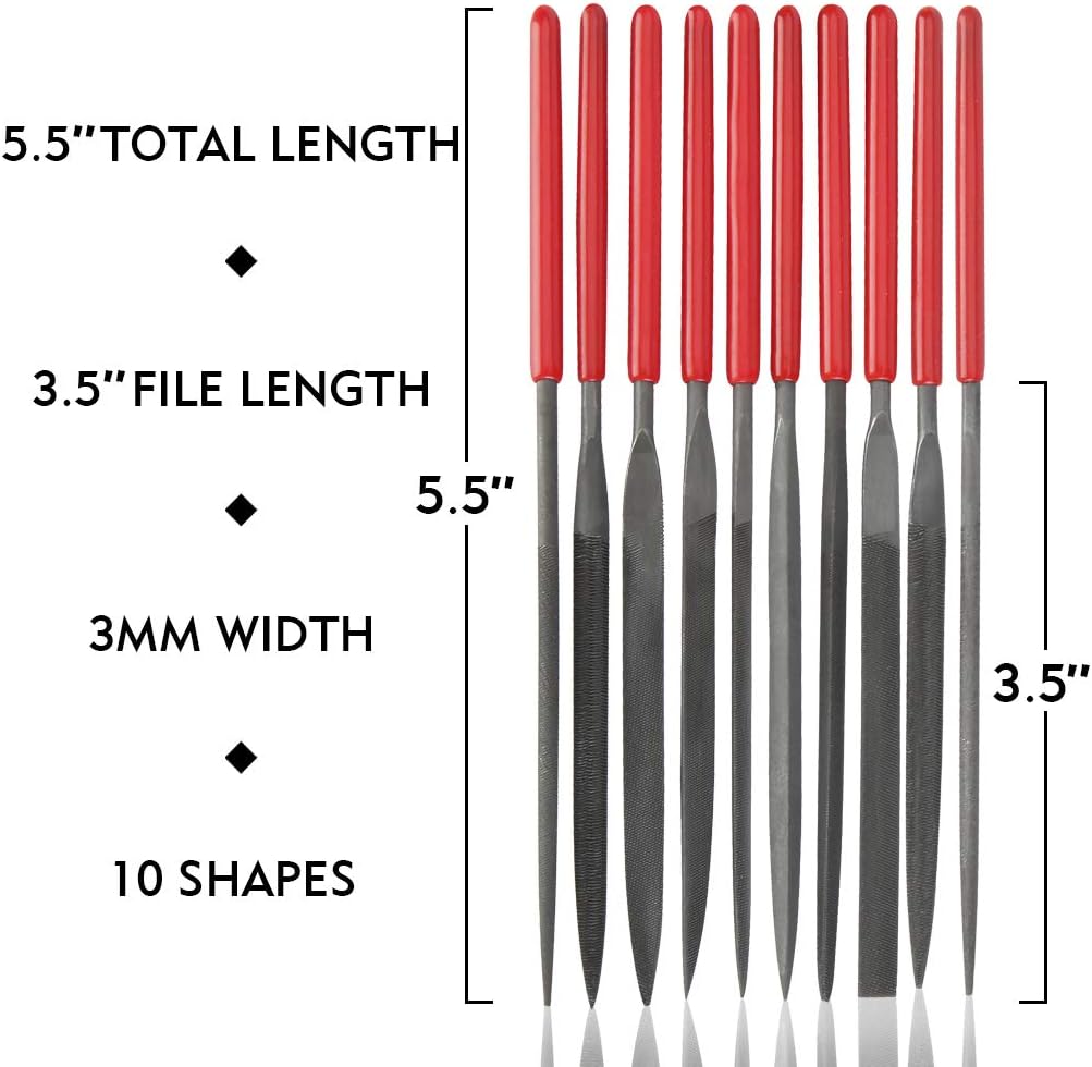 10Pcs Needle File Set- Hardened Alloy Steel, Mini Set Includes Tapered Round, Half Round, Barrette, Crossing, Knife, Warding, Square, Three Square