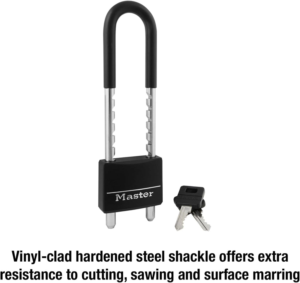 Master Lock Adjustable Shackle Keyed Padlock, Black Vinyl Covered 527D