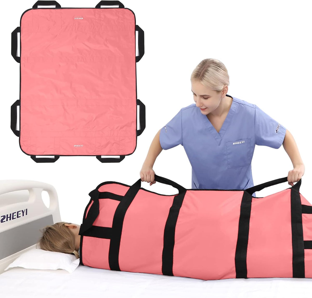 Multipurpose 48" x 40" Positioning Bed Pad with Reinforced Handles - Reusable & Washable Transfer Sheet for Turning, Lifting & Repositioning - Double-Sided Nylon Fabric, Blue