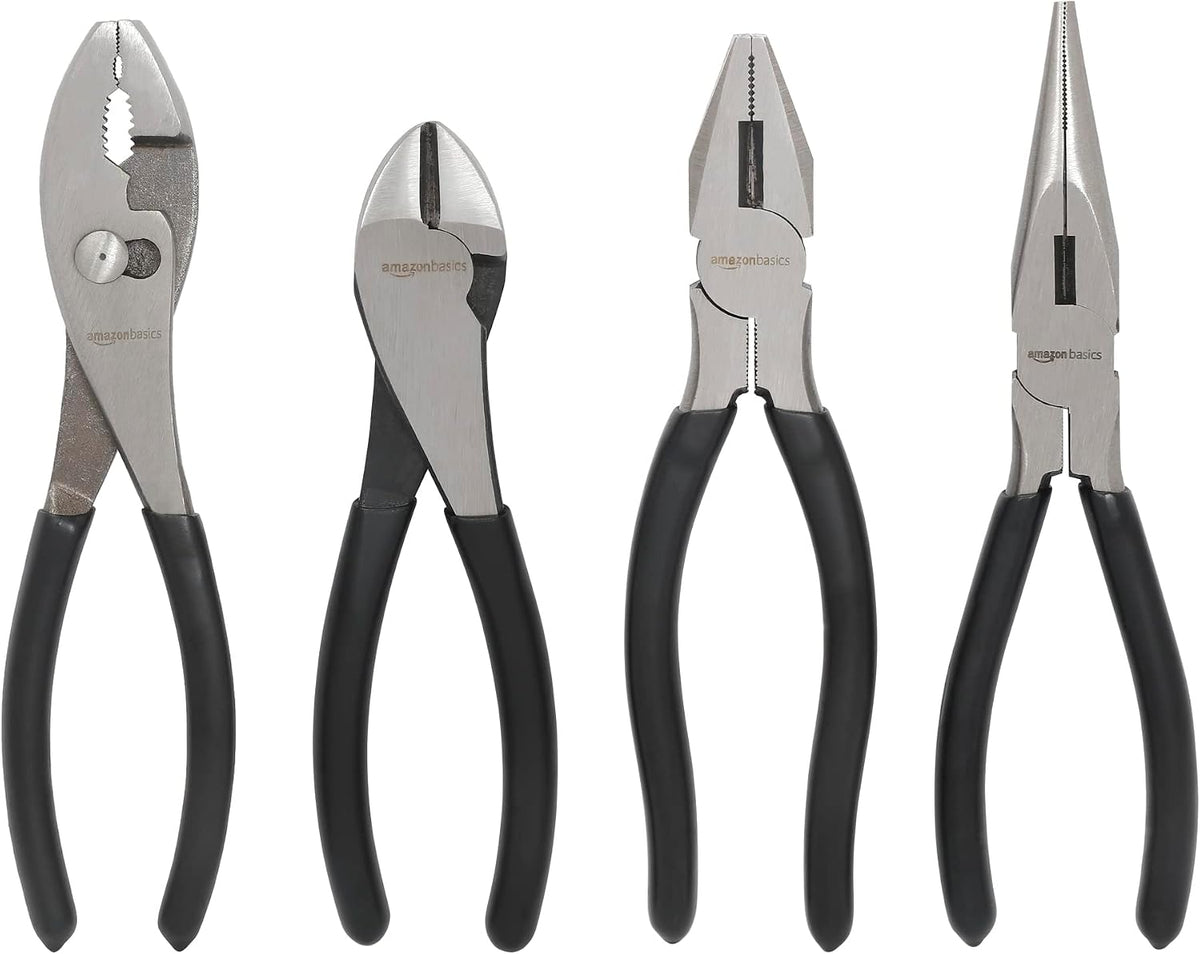 Amazon Basics Pliers Set, Hand Tools for Precision, Cutting Wire Cutter with Needle Nose and Diagonal, Quality Tool Set for Home Maintenance, Set of 4, Black and Silver