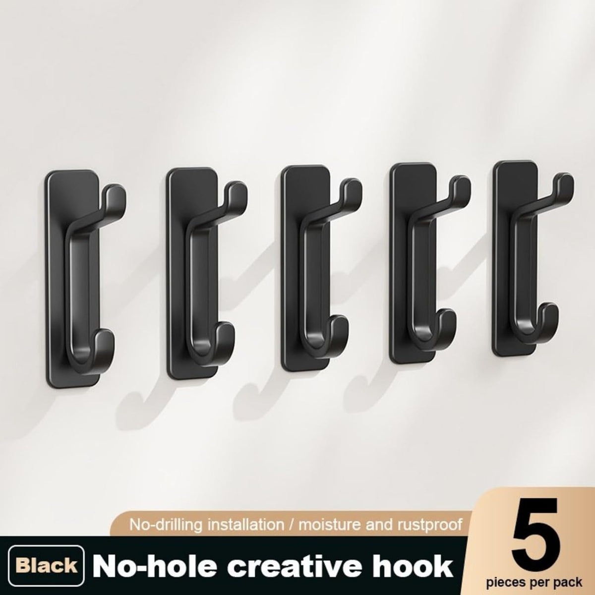 5-Pack Heavy-Duty Adhesive Wall Hooks – 22lb No-Drill Storage Solution for Kitchen, Bathroom & More - Black