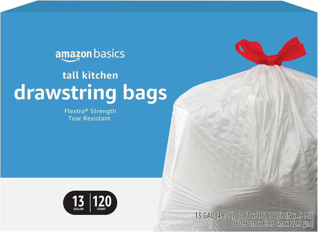 Amazon Basics Flextra Tall Kitchen Drawstring Trash Bags, 13 Gallon, 120 Count
