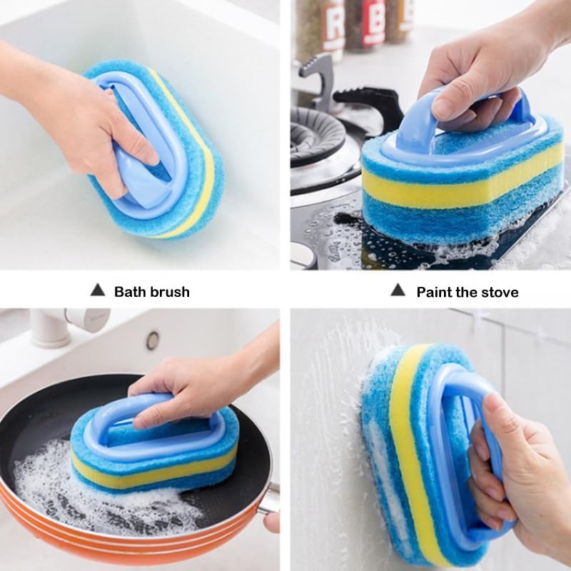 Thickened Cleaning Brush with Handle Household Cleaning Tool Kitchen Sponge Scrubber Bathtub for Toilet Tile Shower Wall Sink Floor Scrubbing (Blue)