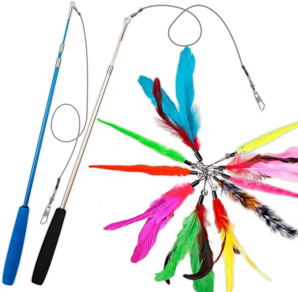 JIARON Cat Toys Interactive Feather Toy, 2PCS Retractable Wand and 10PCS Replacement Teaser with Bell Refills, Interactive Catcher and Funny Exercise for Kitten.