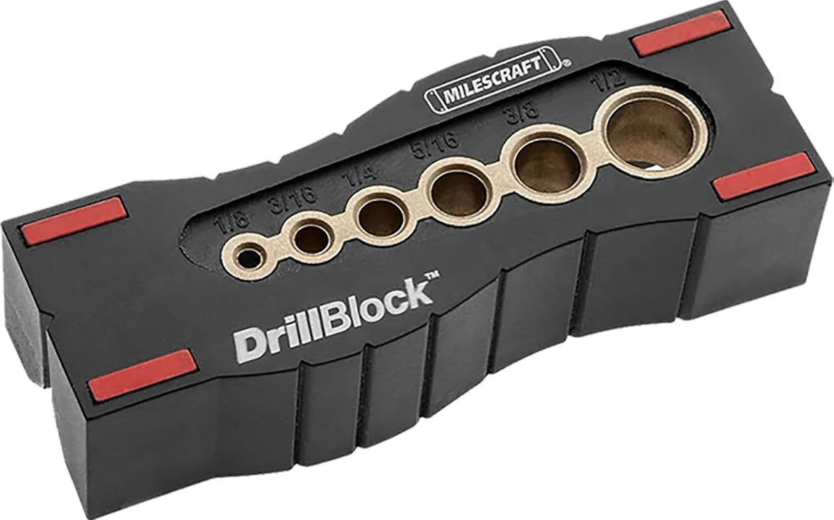 Milescraft 1312 Drill Block - Handheld Drilling Guide, Drilling Jig with Drill Guides for 6 of the Most Common Imperial Drill Bit Sizes, Precision Drilling Tool Accessory