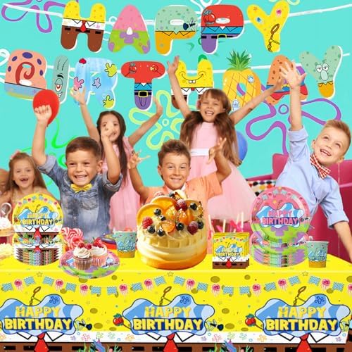 Cartoon Sponge Birthday Supplies, Cute Funny Sea Happy Birthday Tableware for Kid, Party Decoration Supplies with Banner, Tablecloth, Plate, Paper Cup, Napkin
