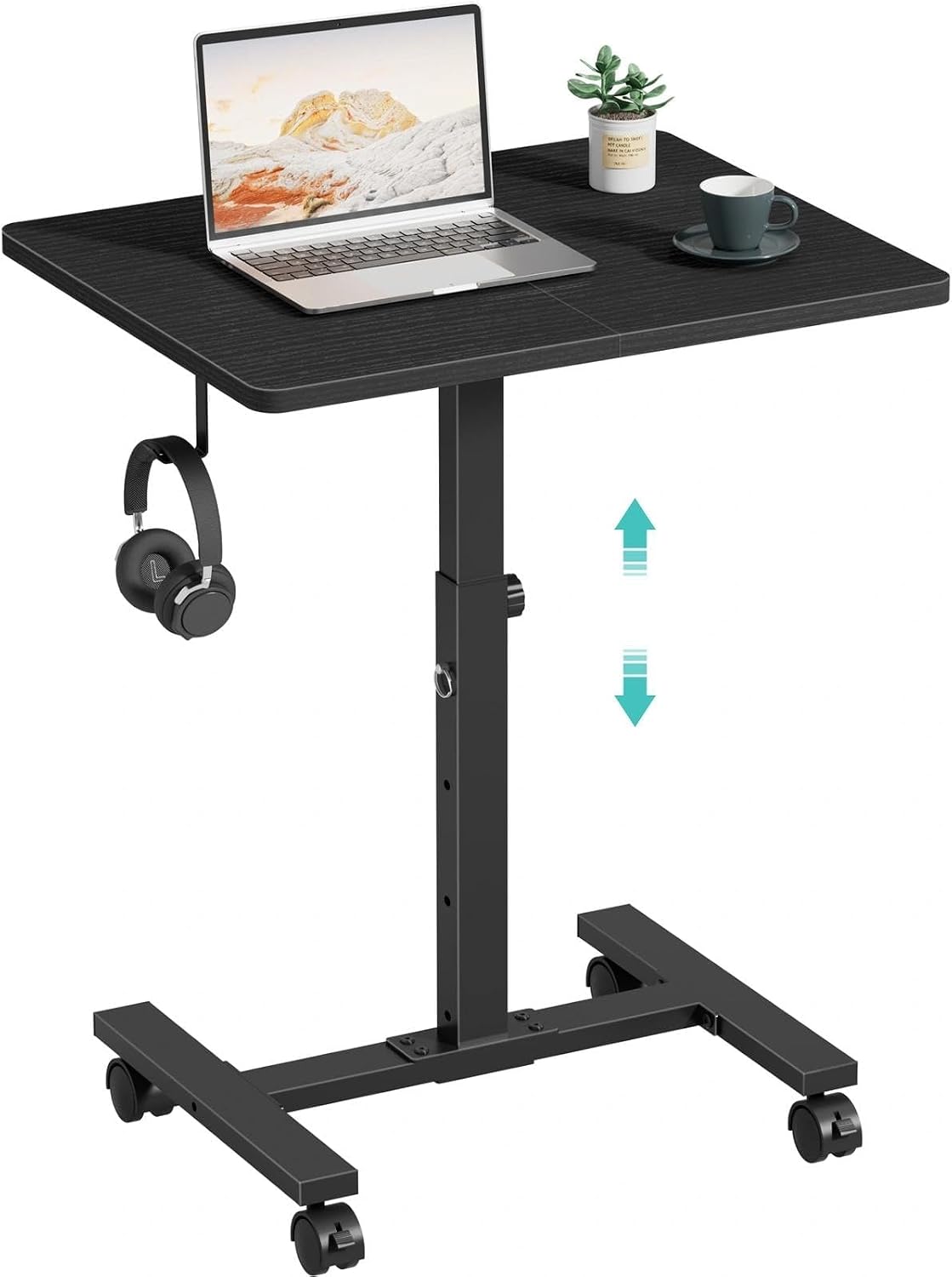 WINAZ Small Portable Rolling Desk Adjustable Height, 24 Inch Mobile Laptop Desk with Wheels for Dorm Room, C-Shaped Table for Sofa and Bed Side, Study Table for Students, White