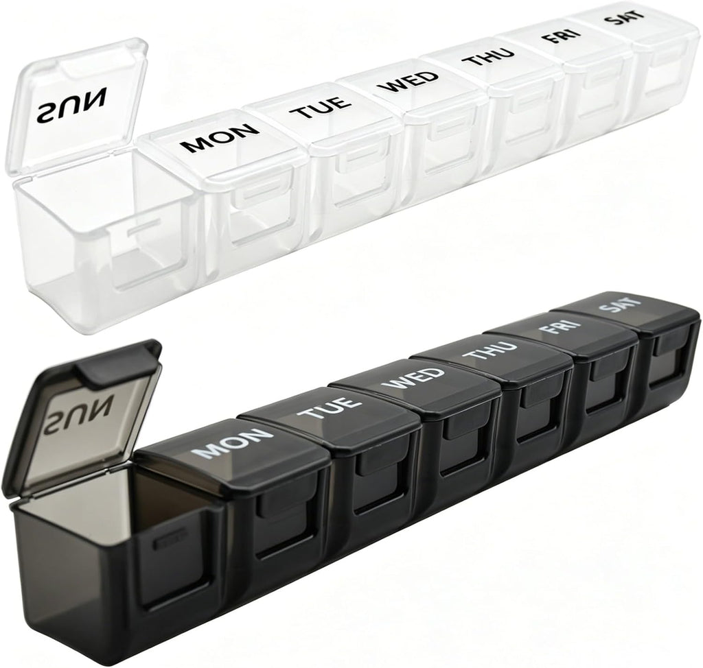2 Pack Weekly Pill Organizer, Large 7 Day Travel Pill Case (White & Black)