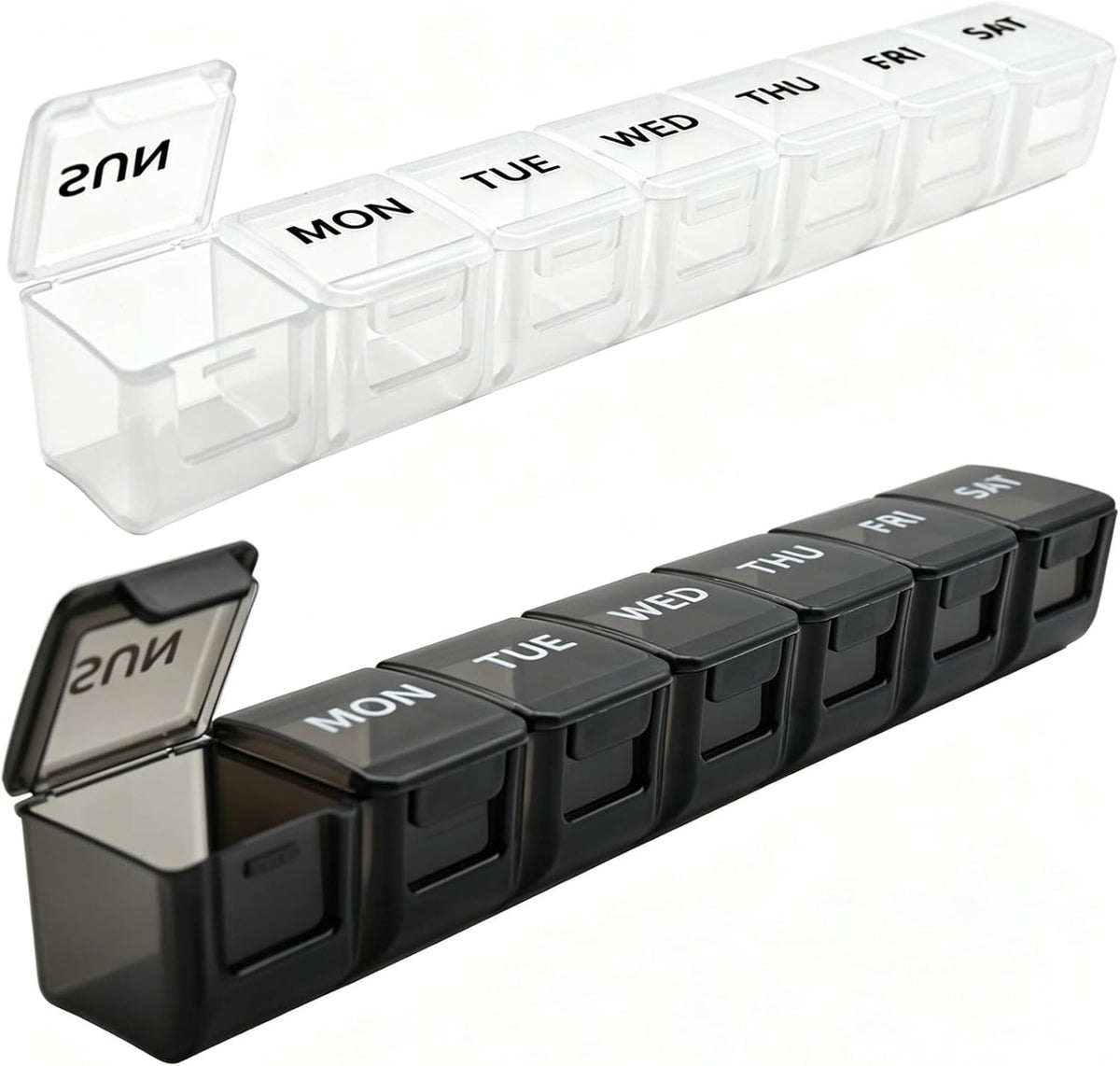 2 Pack Weekly Pill Organizer, Large 7 Day Travel Pill Case (White & Black)