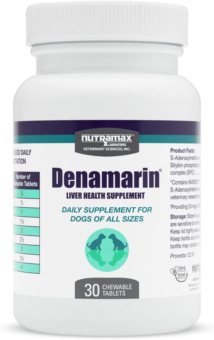 Nutramax Denamarin Liver Supplement for Dogs, Chewable Tablets, 30ct | Liver Support for Dogs, contains S-Adenosylmethionine (SAMe) + Milk Thistle Silybin, All Ages & Sizes, Chewable Tablets