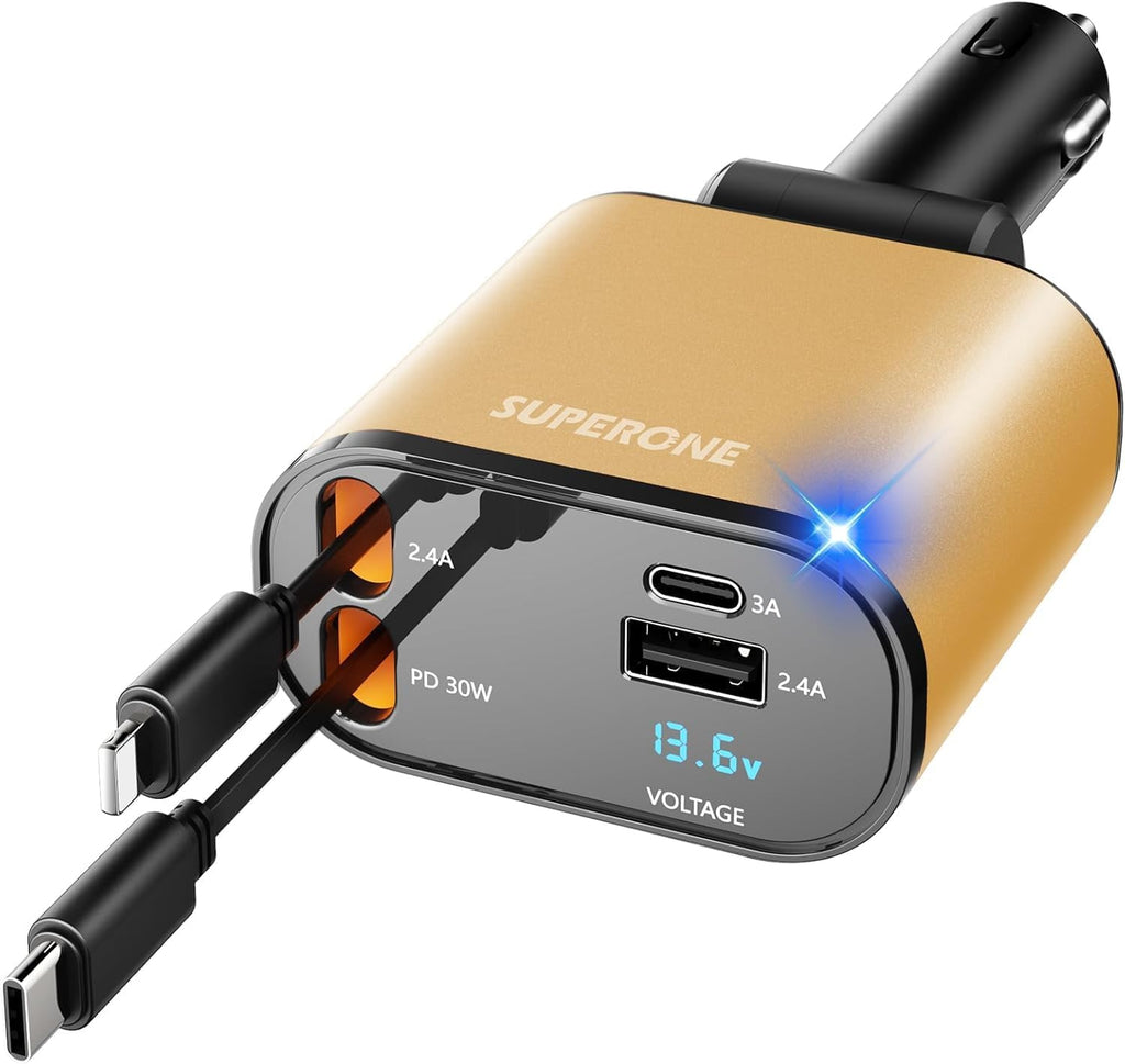 [Upgraded] SUPERONE Retractable Car Charger 4 in 1 Fast Phone Charger