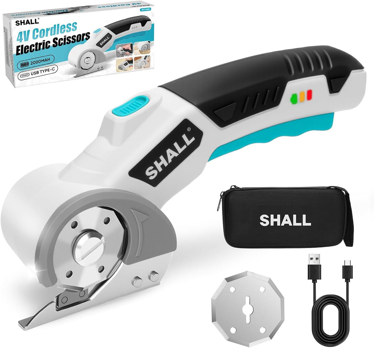 SHALL 4V Cordless Electric Scissors, Rechargeable Cardboard Cutter, Rotary Electric Box Cutter w/Safety Lock, LED Light & Replacement Blade for Fabric, Leather, Carpet, Cardboard & Plastic, Pink/Grey