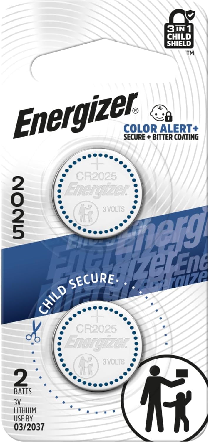 Energizer 2025 Batteries (2 Pack), 3V Lithium Coin Batteries With 3-in-1 Child Shield