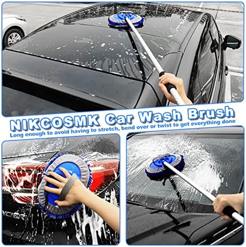 62'' Car Wash Brush Kit Mitt Mop Sponge with Long Handle, 1 Chenille Scratch-Free Replacement Head, Windshield Window Squeegee,Car Duster,Car Detailing Brushes,Tower,Car Cleaning Kit for Cars RV Truck