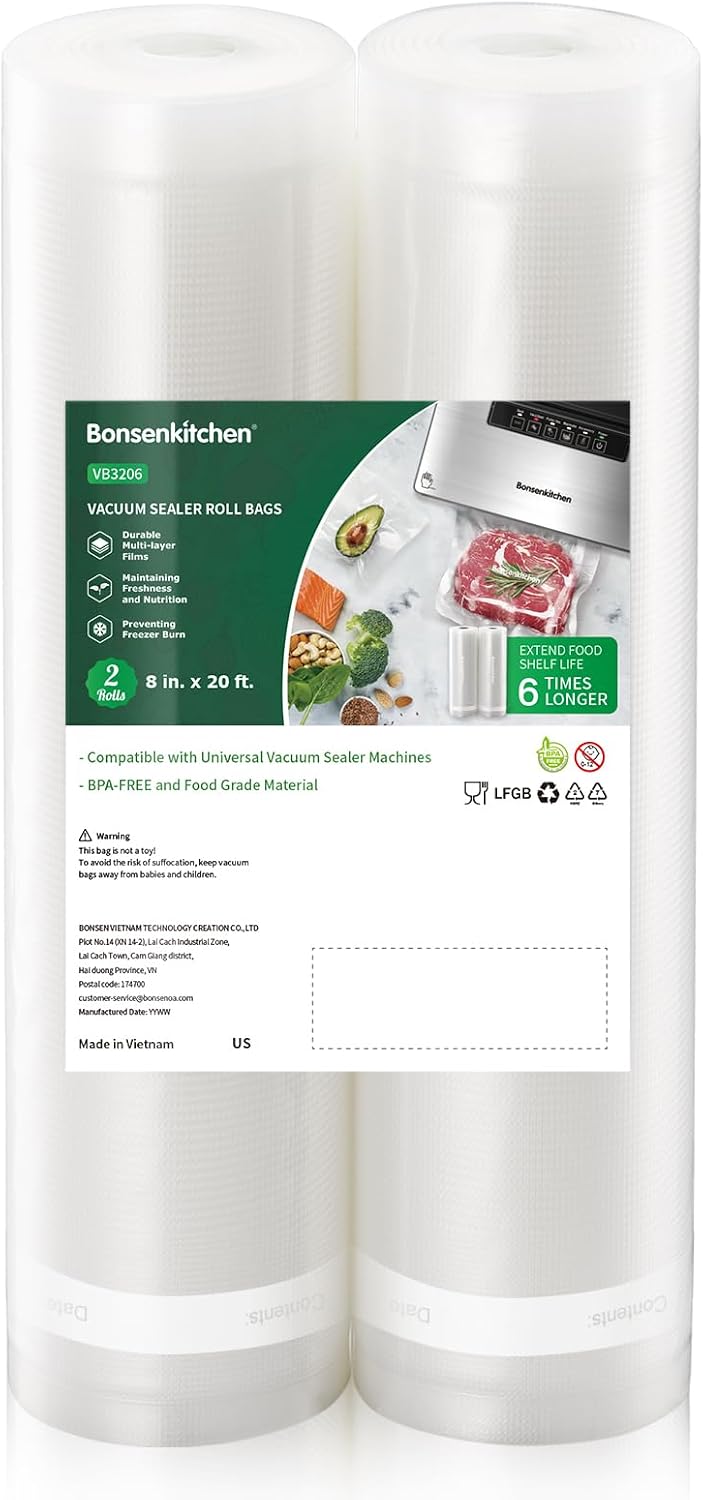 Bonsenkitchen Vacuum Sealer Rolls bags, 3 Rolls 11"x 20'+ 3 Rolls 8"x 20'