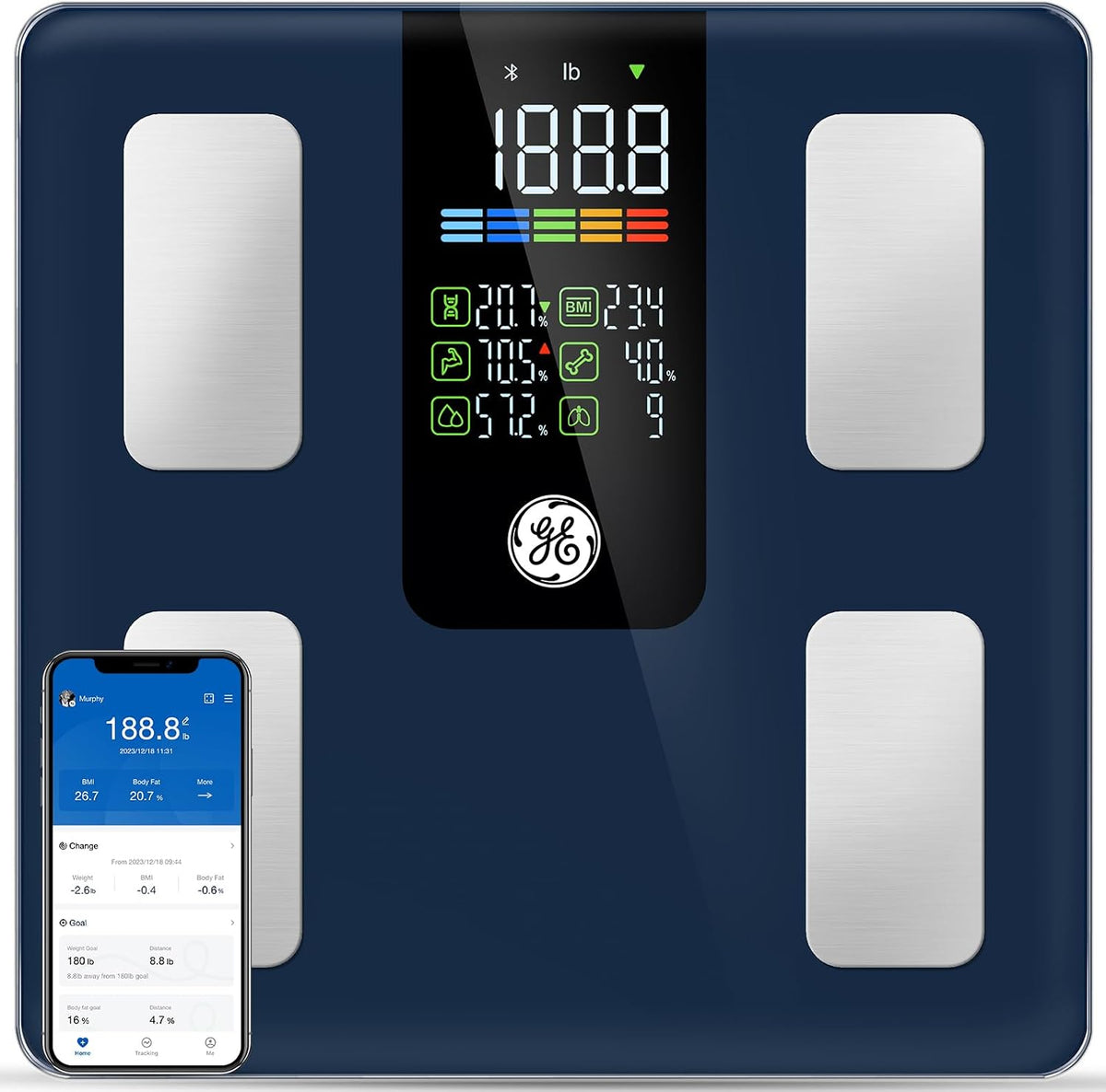GE Smart Scale for Body Composition, Weight, BMI, 500lb, Large 11.8-Inch
