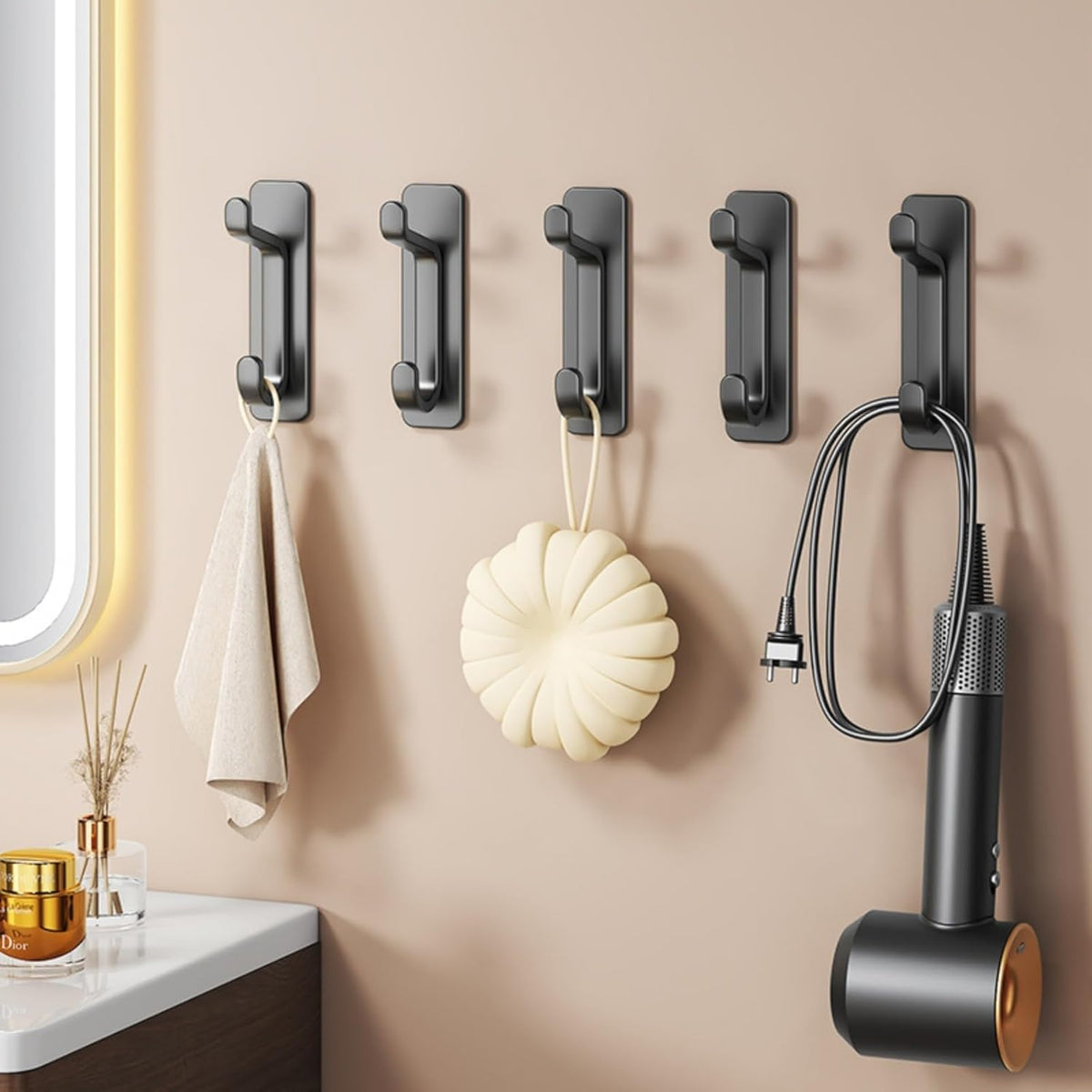 5-Pack Heavy-Duty Adhesive Wall Hooks – 22lb No-Drill Storage Solution for Kitchen, Bathroom & More - Black