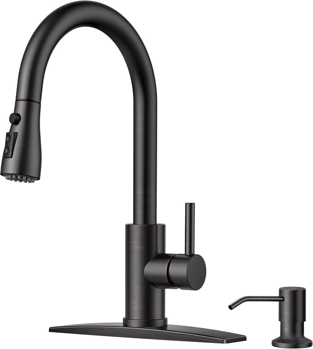 FORIOUS Black Kitchen Faucet, with Soap Dispenser and Pull Down Sprayer