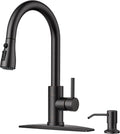 FORIOUS Black Kitchen Faucet, with Soap Dispenser and Pull Down Sprayer