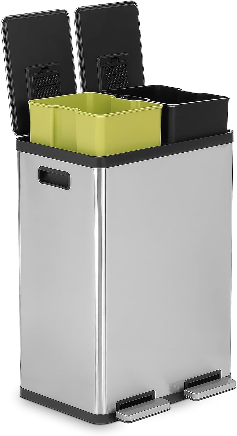SIMPLI-Magic 21 Gallon (80L) Dual Compartment Kitchen Trash Can - Hands-Free Step Pedal, Soft-Close Lid, Stainless Steel Recycling Bin with Odor Filter (40L + 40L)